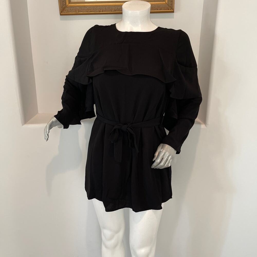 SHILLA The Label  Fit & Flare Ruffled Long Sleeve Mini Black Casual Dress Boho L